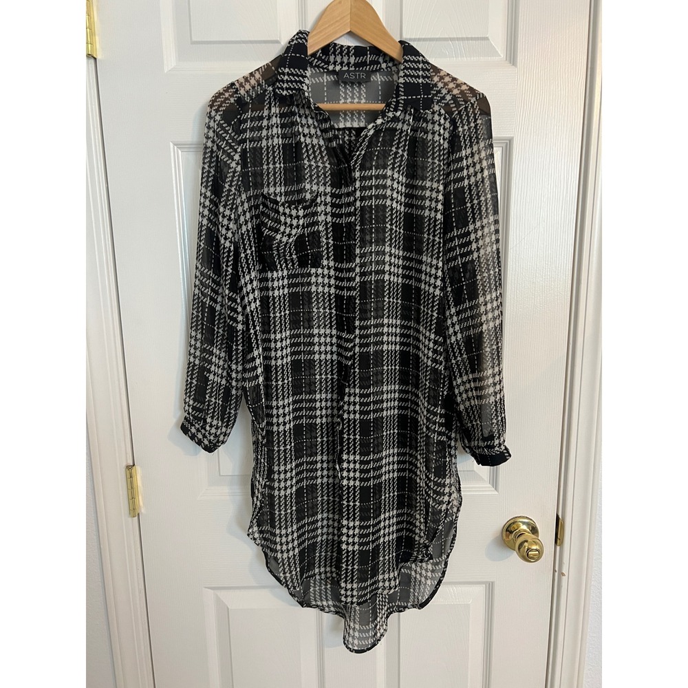 ASTR Sheer Plaid Tunic Top Y2K Grunge High Low Side Slit Black White